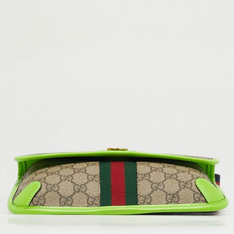 Pre Owned Gucci Neon Green/Beige GG Supreme Canvas and Leather Ophidia Belt Bag