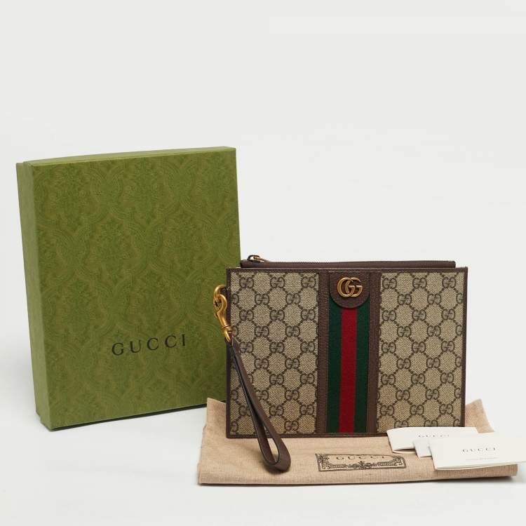 Pre Owned Gucci Beige/Ebony GG Supreme Canvas and Leather Ophidia Pouch