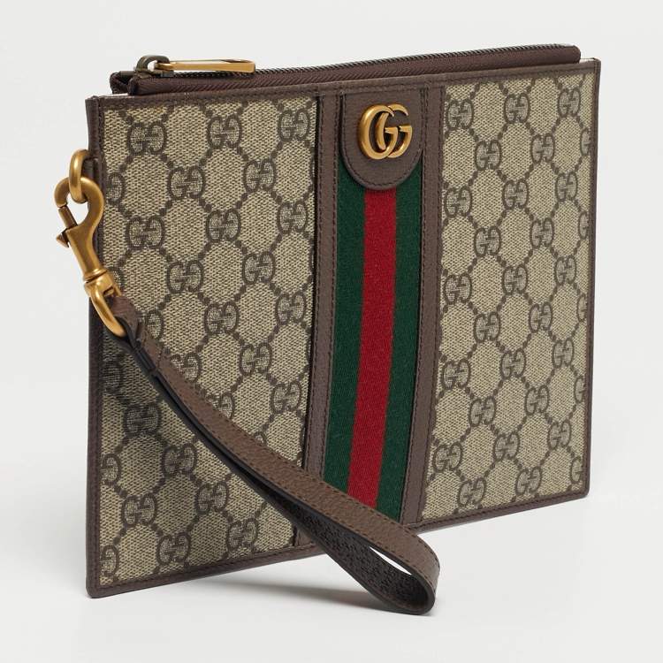 Pre Owned Gucci Beige/Ebony GG Supreme Canvas and Leather Ophidia Pouch