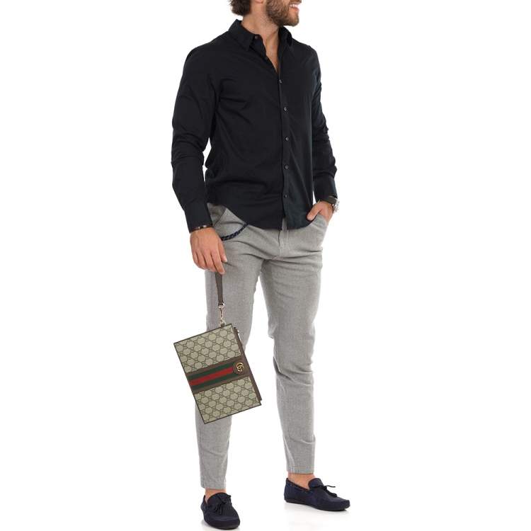 Pre Owned Gucci Beige/Ebony GG Supreme Canvas and Leather Ophidia Pouch