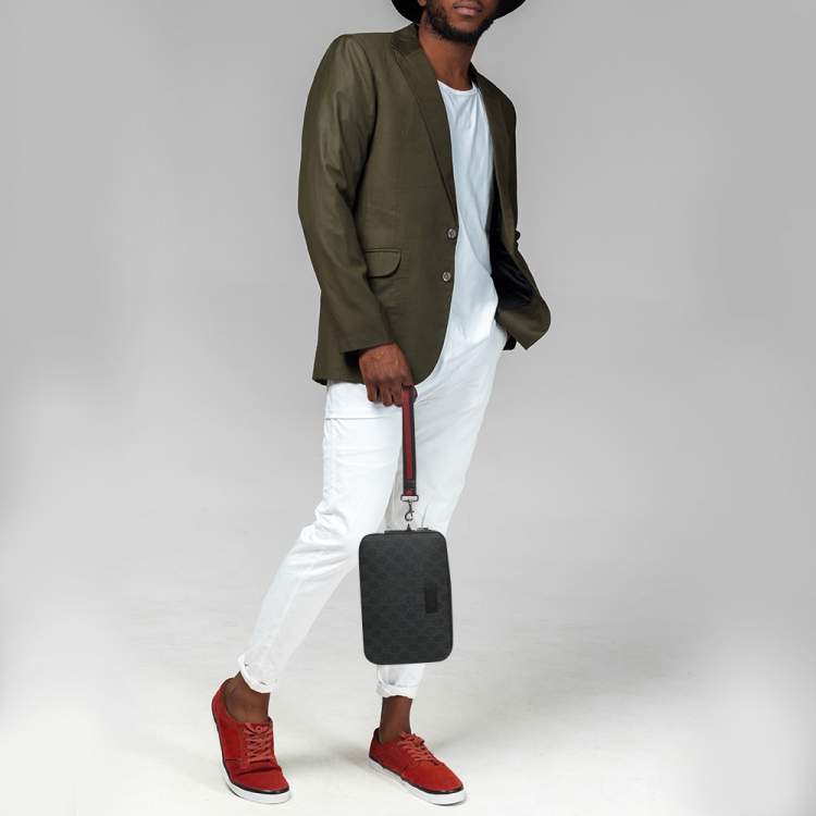 Pre Owned Gucci Black GG Supreme Canvas and Leather Wristlet Pouch