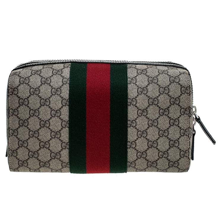 Pre Owned Gucci Beige/Balck GG Supreme Canvas and Leather Web Toiletry Pouch