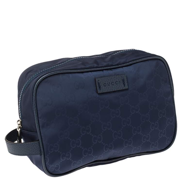 Pre Owned Gucci Blue GG Nylon and Leather Toiletry Pouch