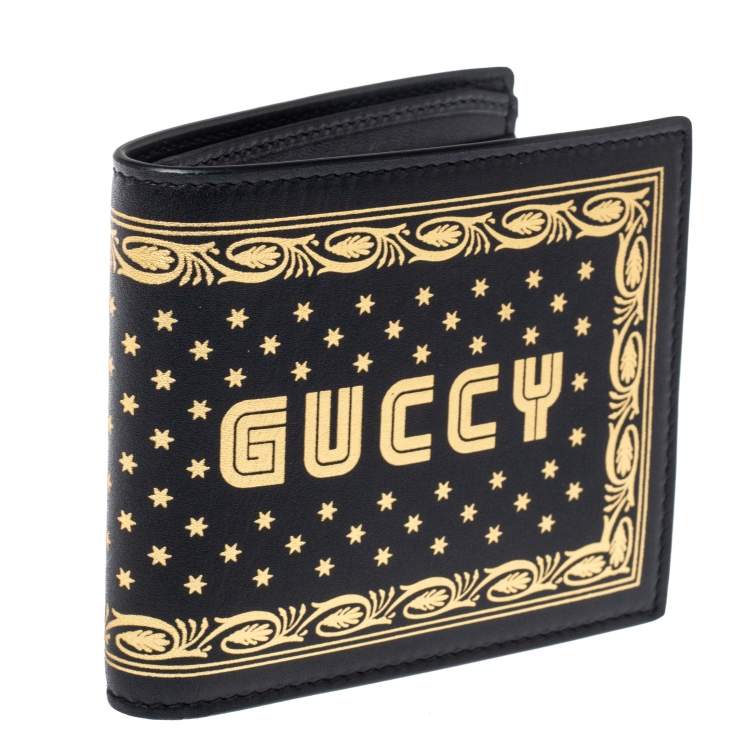 Pre Owned Gucci Black Leather Guccy Logo Bifold Wallet