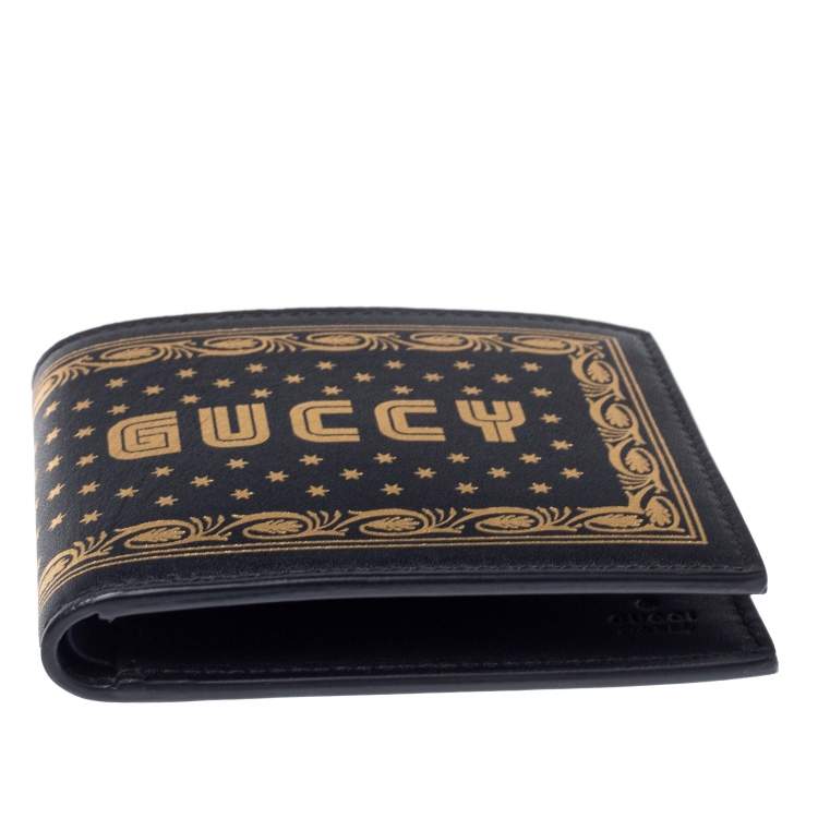 Pre Owned Gucci Black Leather Guccy Logo Bifold Wallet