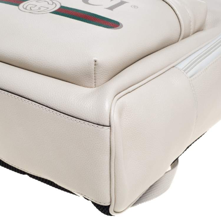 Pre Owned Gucci Off White Leather Logo Print Backpack