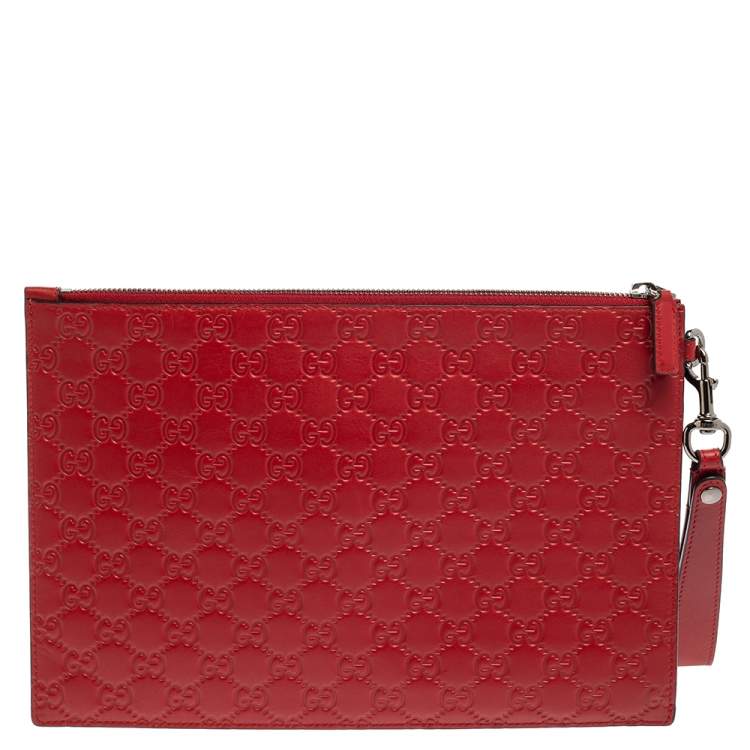 Pre Owned Gucci Red Guccissima Leather Wristlet Pouch