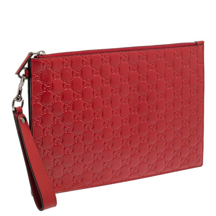 Pre Owned Gucci Red Guccissima Leather Wristlet Pouch