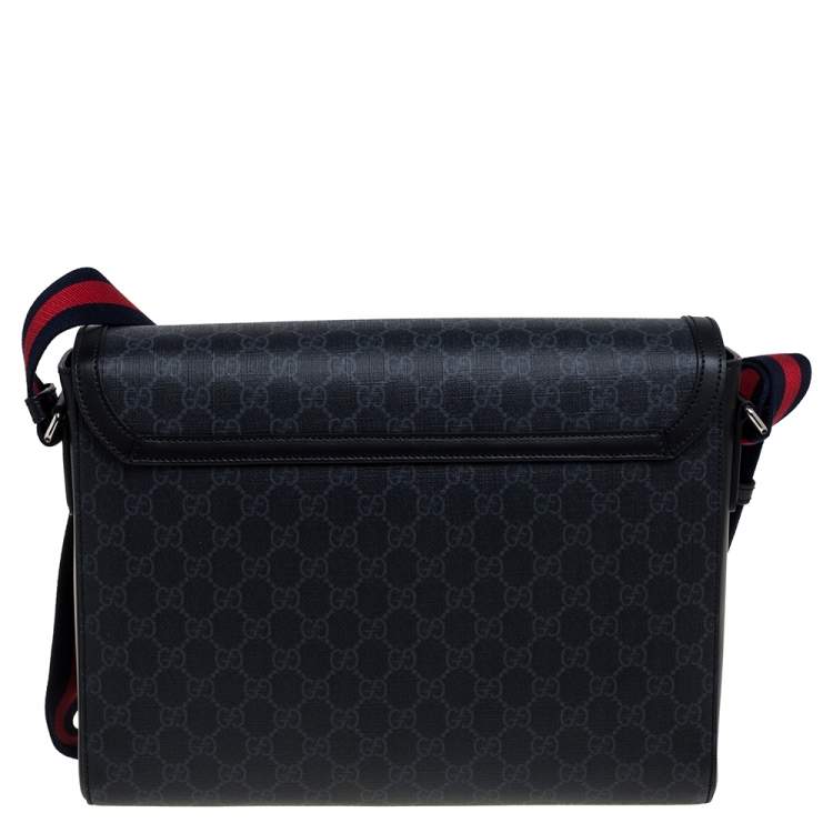 Pre Owned Gucci Black GG Supreme Canvas and Leather Military Messenger Bag