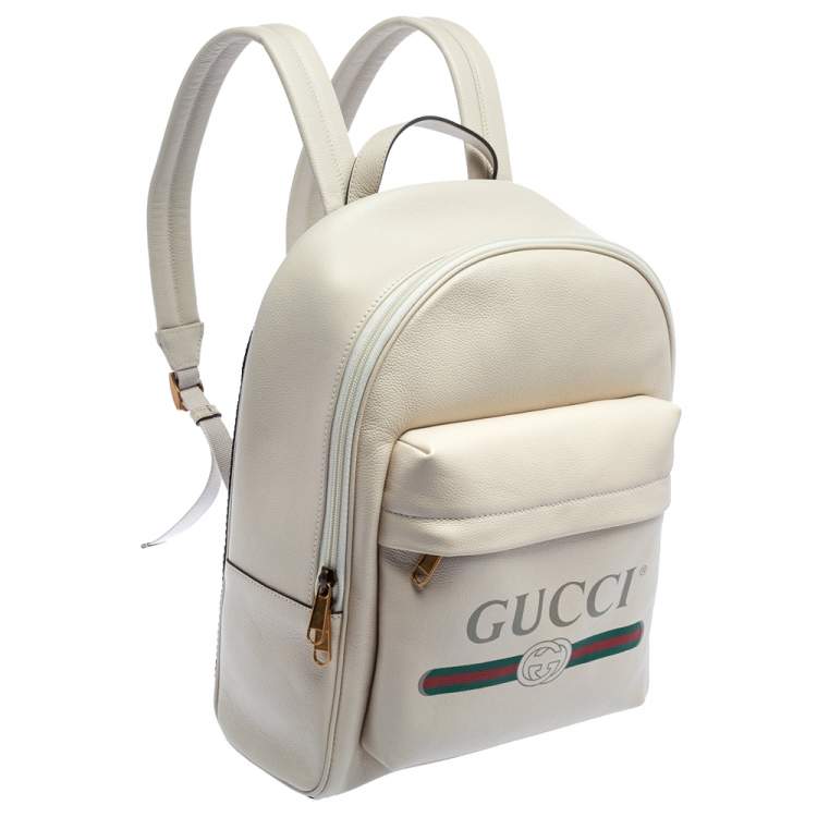 Pre Owned Gucci Off White Leather Logo Print Backpack