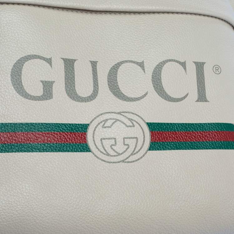 Pre Owned Gucci Off White Leather Logo Print Backpack