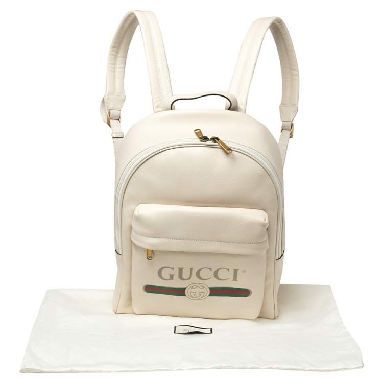 Pre Owned Gucci Off White Leather Logo Print Backpack
