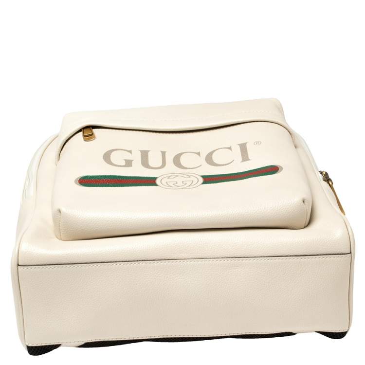 Pre Owned Gucci Off White Leather Logo Print Backpack