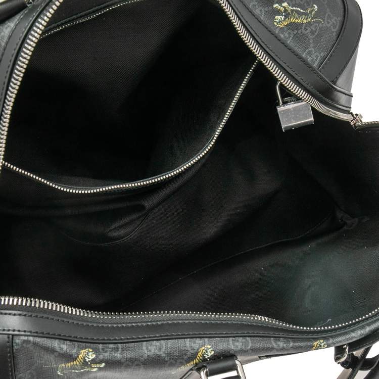 Pre Owned Gucci Black Tiger Print GG Supreme Canvas and Leather Carry On Duffel Bag