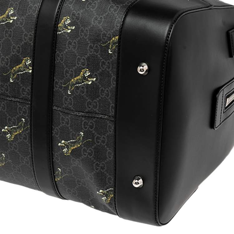 Pre Owned Gucci Black Tiger Print GG Supreme Canvas and Leather Carry On Duffel Bag