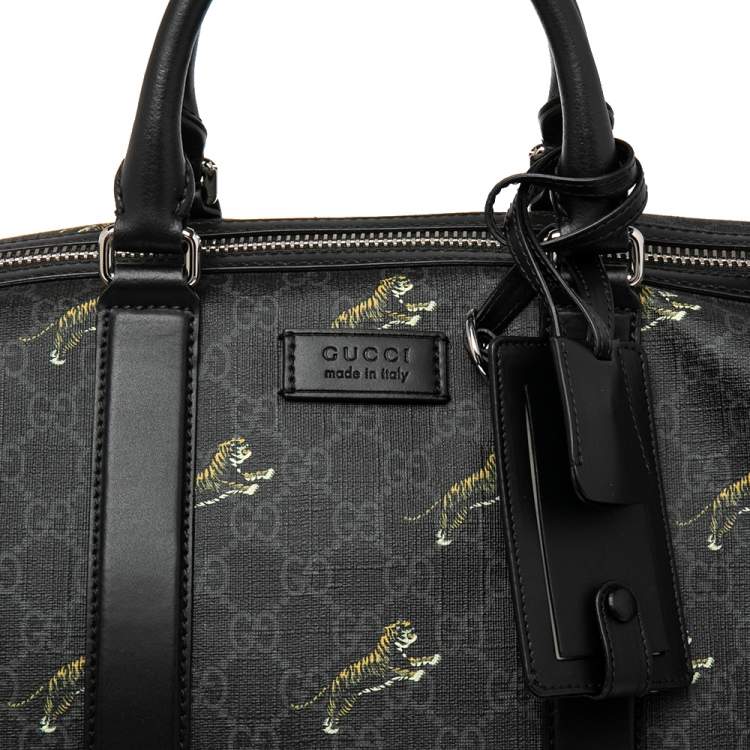 Pre Owned Gucci Black Tiger Print GG Supreme Canvas and Leather Carry On Duffel Bag