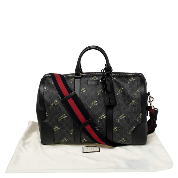 Pre Owned Gucci Black Tiger Print GG Supreme Canvas and Leather Carry On Duffel Bag