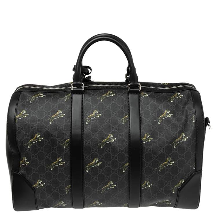 Pre Owned Gucci Black Tiger Print GG Supreme Canvas and Leather Carry On Duffel Bag