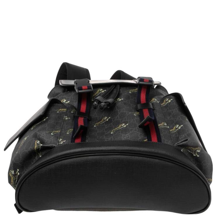 Pre Owned Gucci Black/Grey GG Supreme Canvas And Leather Bestiary Drawstring Backpack