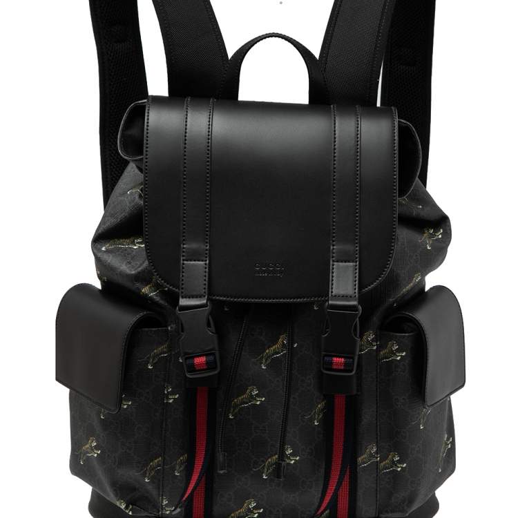 Pre Owned Gucci Black/Grey GG Supreme Canvas And Leather Bestiary Drawstring Backpack