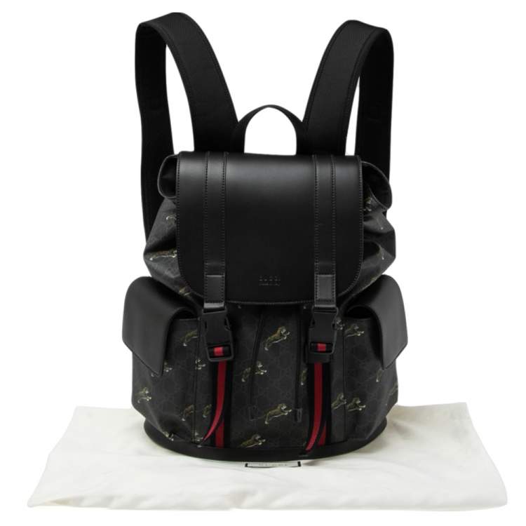 Pre Owned Gucci Black/Grey GG Supreme Canvas And Leather Bestiary Drawstring Backpack