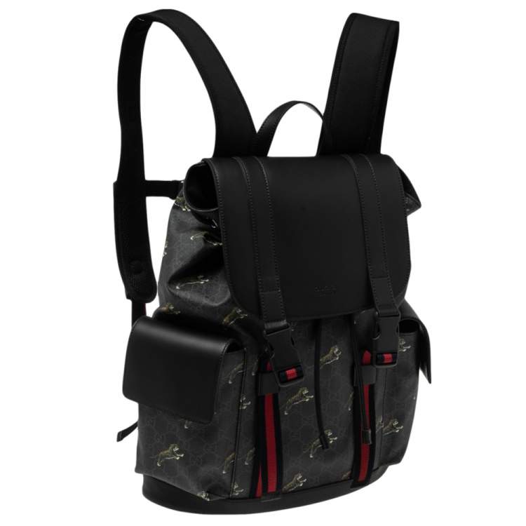 Pre Owned Gucci Black/Grey GG Supreme Canvas And Leather Bestiary Drawstring Backpack