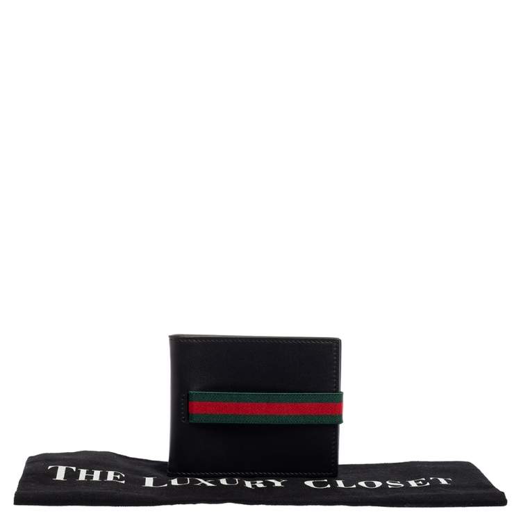 Pre Owned Gucci Black Leather Web Money Clip Bifold Wallet
