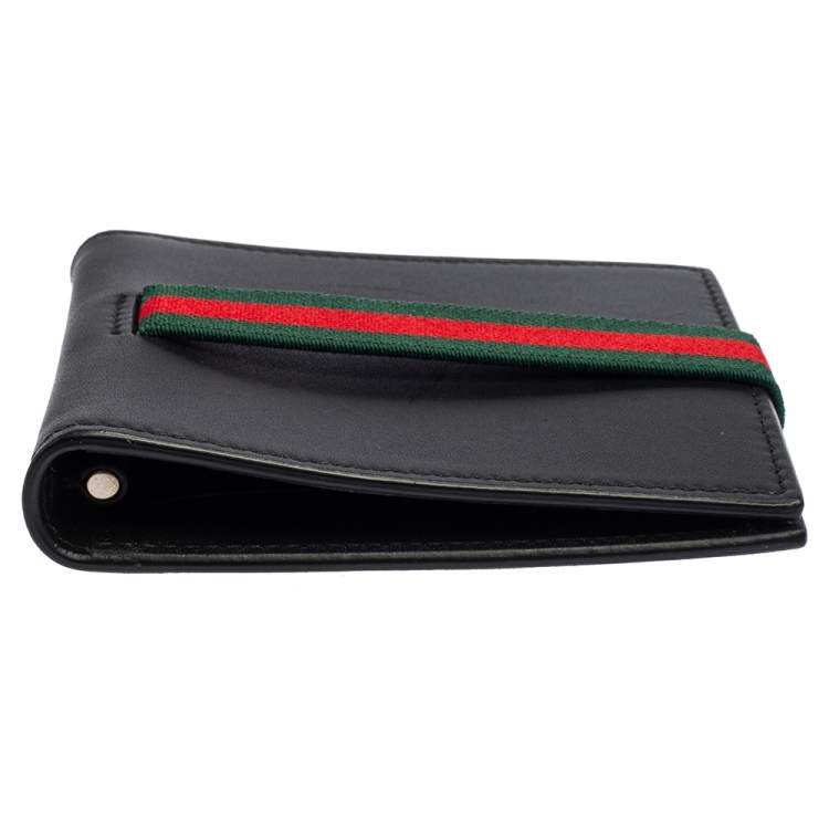 Pre Owned Gucci Black Leather Web Money Clip Bifold Wallet