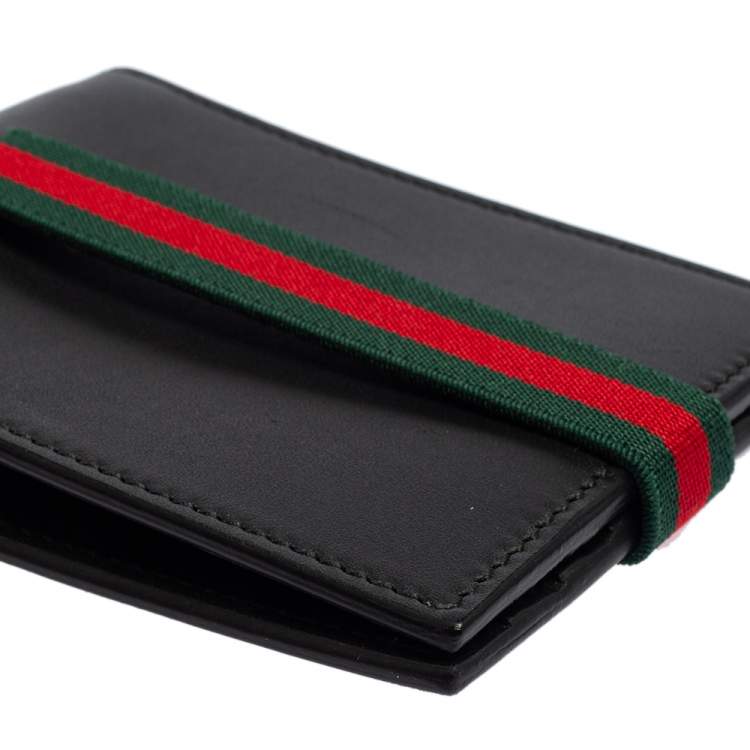 Pre Owned Gucci Black Leather Web Money Clip Bifold Wallet