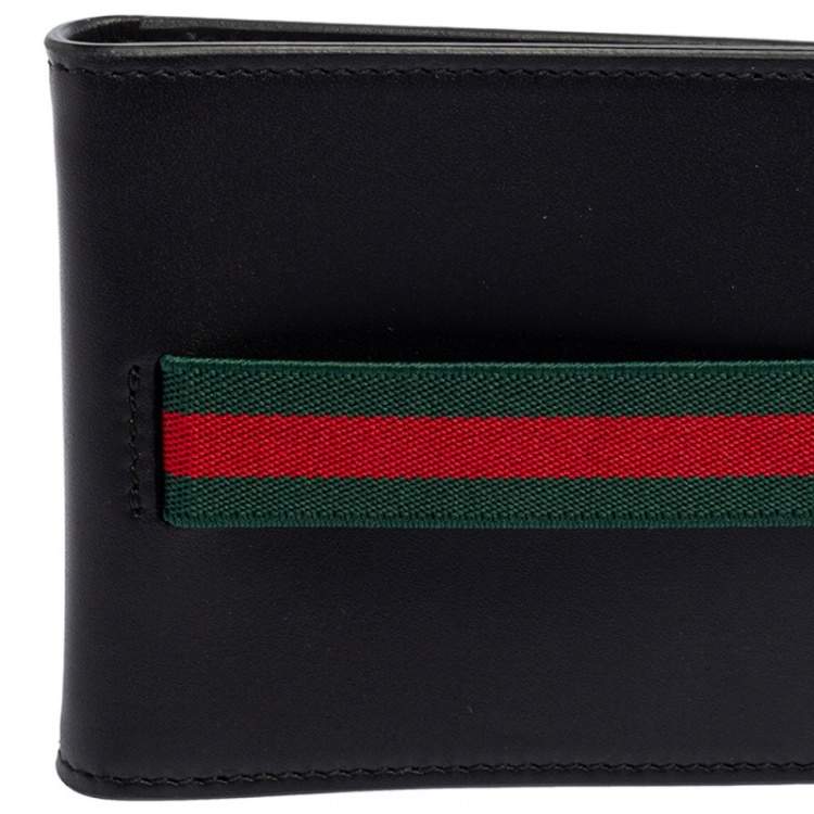 Pre Owned Gucci Black Leather Web Money Clip Bifold Wallet