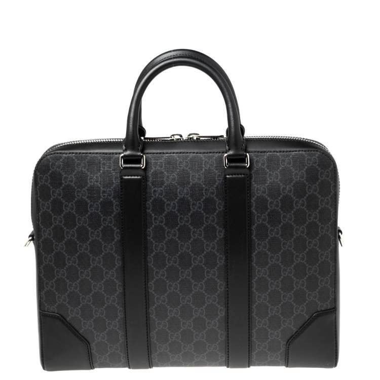 Pre Owned Gucci Black/Grey GG Supreme Canvas and Leather Briefcase