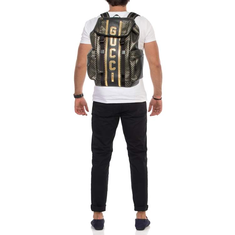 Pre Owned Gucci Black/Gold Interlocking GG Leather And Mesh Dapper Dan Backpack