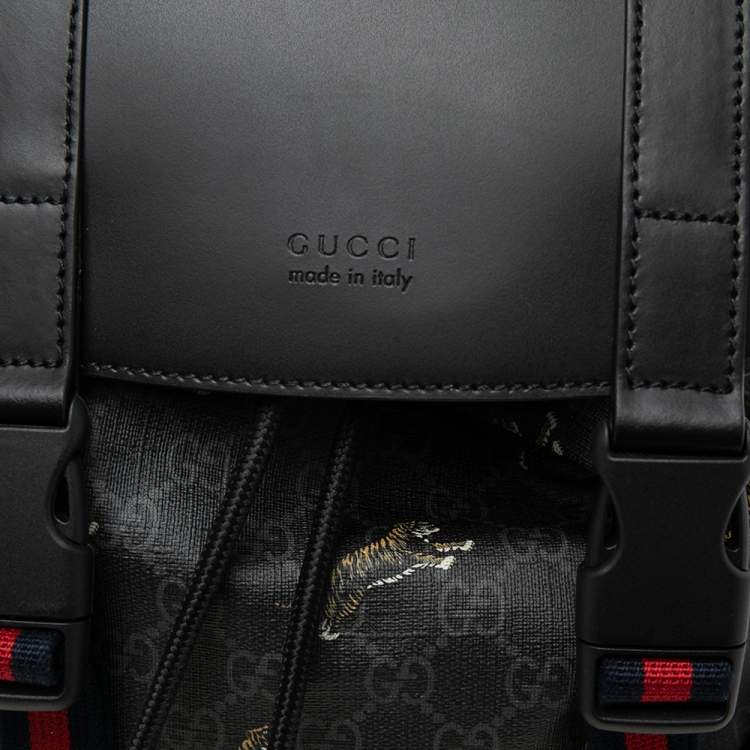 Pre Owned Gucci Black/Grey GG Supreme Canvas And Leather Bestiary Drawstring Backpack