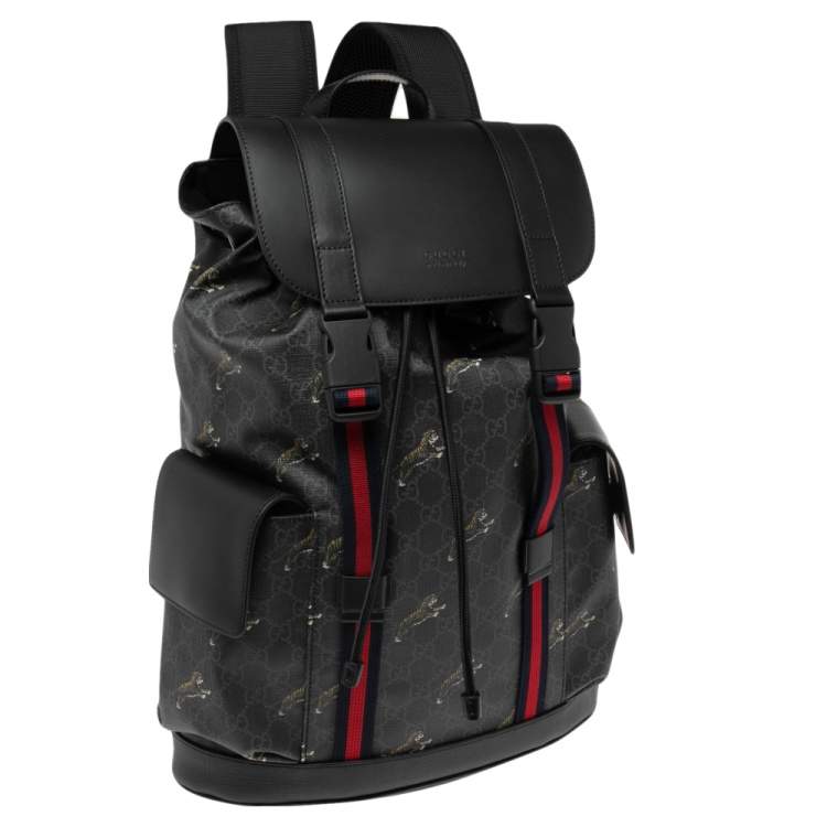 Pre Owned Gucci Black/Grey GG Supreme Canvas And Leather Bestiary Drawstring Backpack