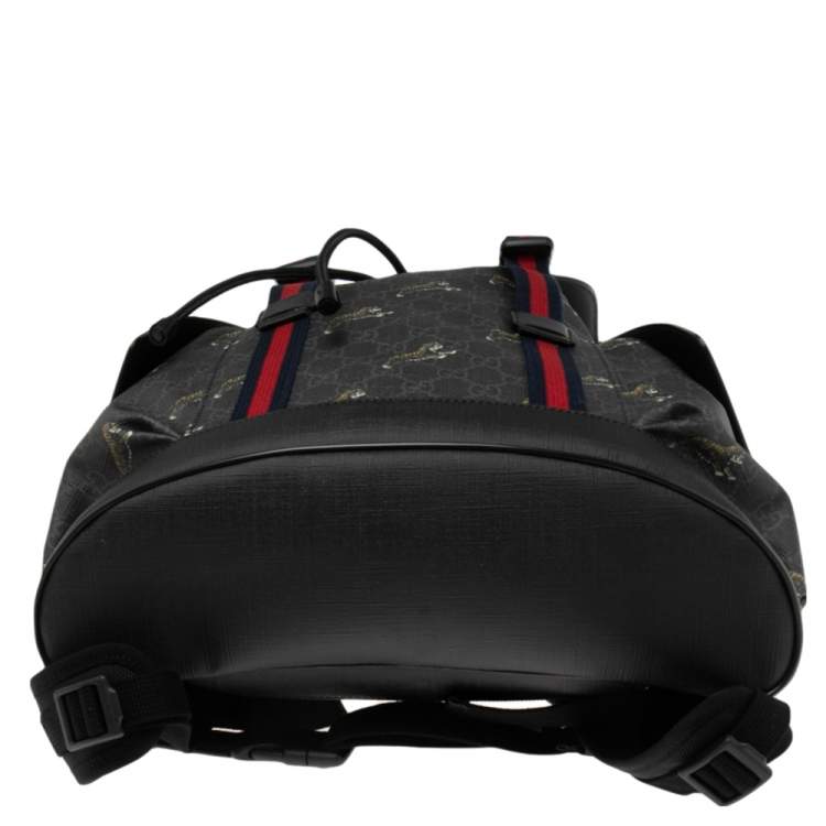 Pre Owned Gucci Black/Grey GG Supreme Canvas And Leather Bestiary Drawstring Backpack