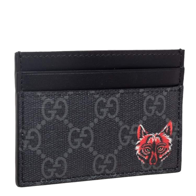 Pre Owned Gucci Black/Grey GG Supreme Canvas and Leather Wolf Printed Card Case