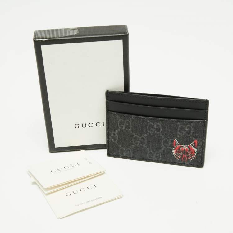 Pre Owned Gucci Grey/Black GG Supreme Canvas and Leather Wolf Card Holder