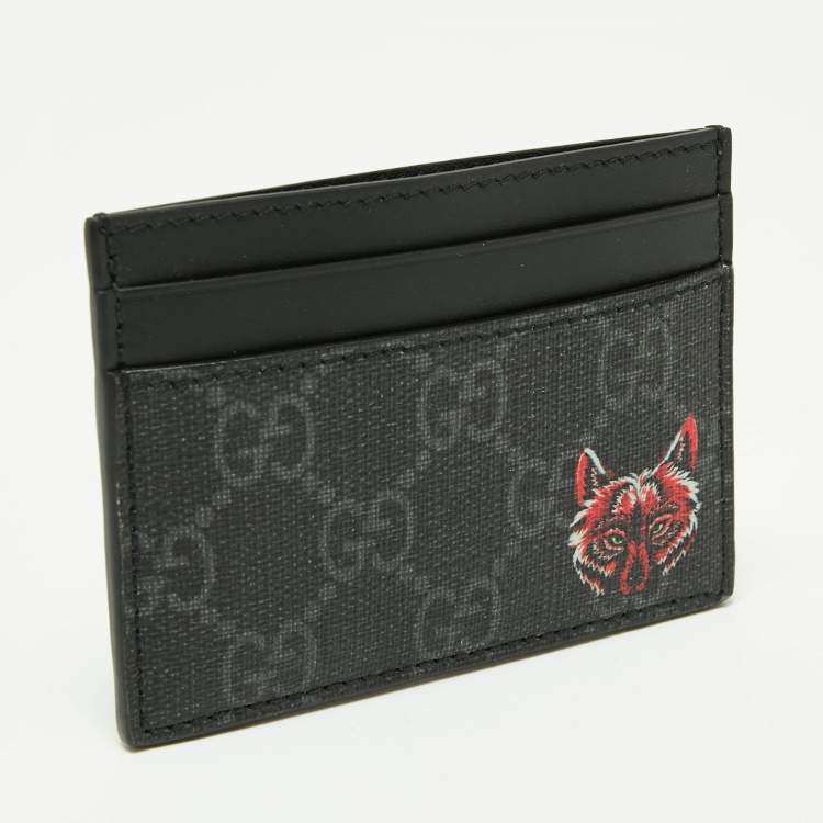 Pre Owned Gucci Grey/Black GG Supreme Canvas and Leather Wolf Card Holder