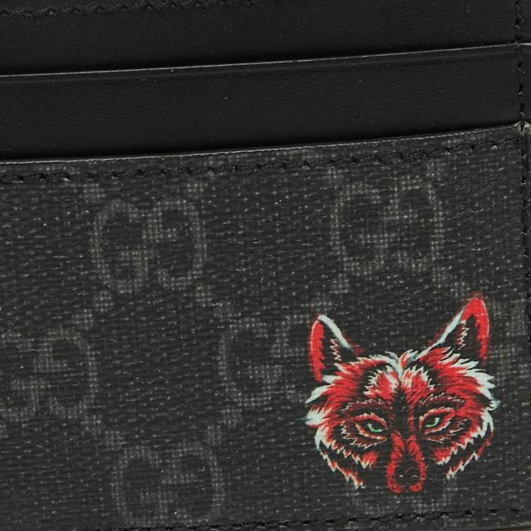 Pre Owned Gucci Grey/Black GG Supreme Canvas and Leather Wolf Card Holder