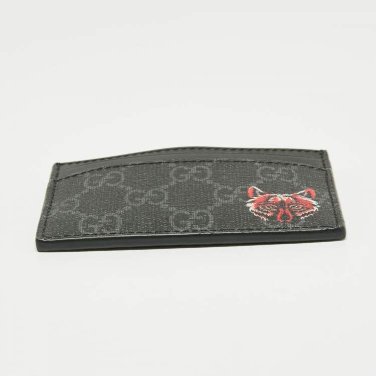 Pre Owned Gucci Grey/Black GG Supreme Canvas and Leather Wolf Card Holder