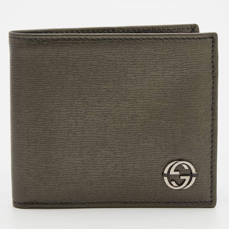 Pre Owned Gucci Olive Green Leather Interlocking G Bifold wallet