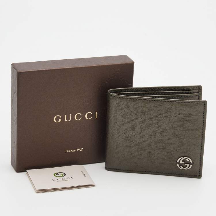 Pre Owned Gucci Olive Green Leather Interlocking G Bifold wallet