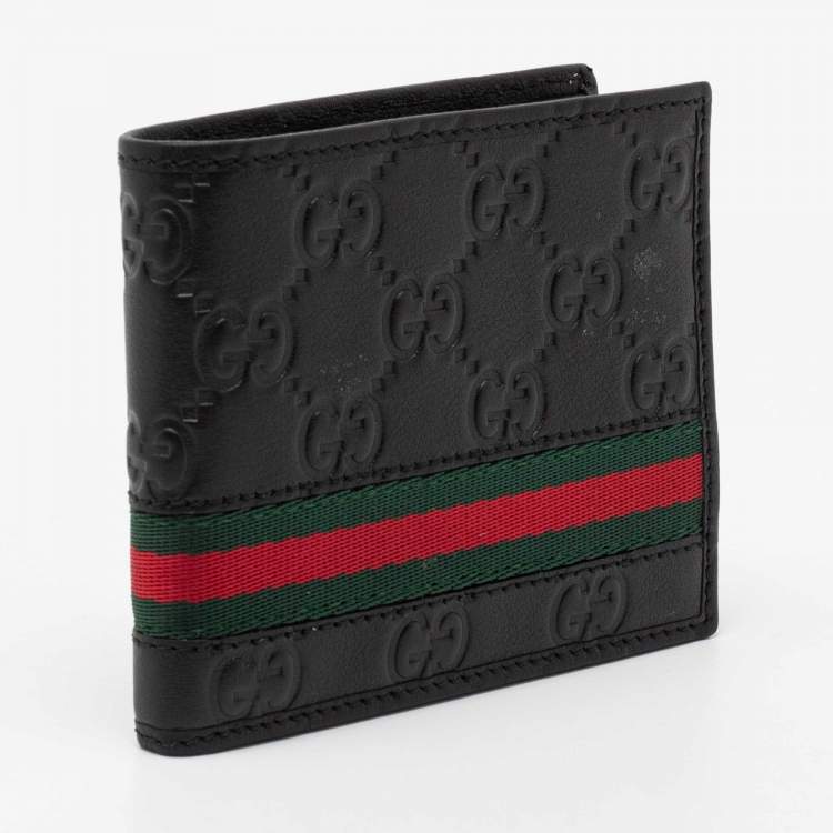 Pre Owned Gucci Black Guccissima Leather Web Bifold Wallet