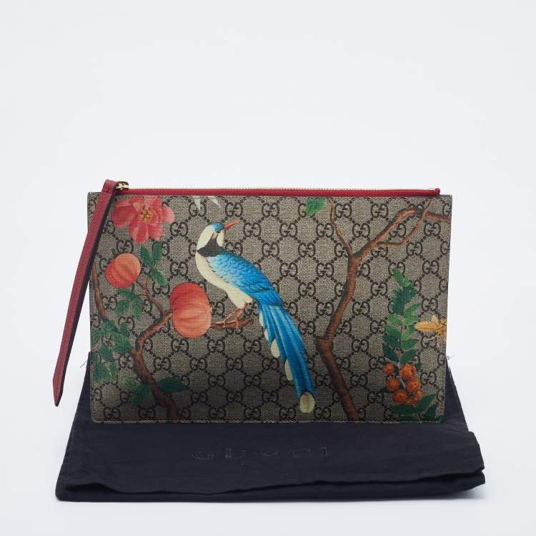Pre Owned Gucci Beige/Red GG Supreme Canvas And Leather Large Tian Zip Pouch