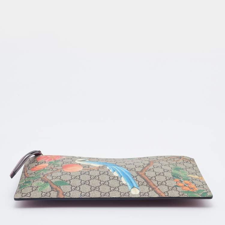 Pre Owned Gucci Beige/Red GG Supreme Canvas And Leather Large Tian Zip Pouch