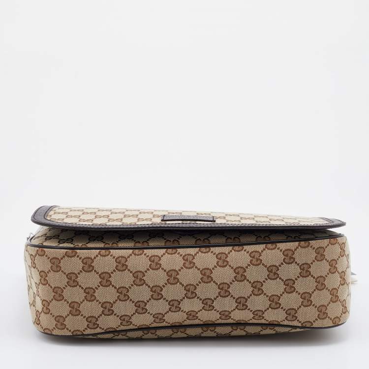 Pre Owned Gucci Beige/Brown GG Canvas and Leather Large Flap Messenger Bag