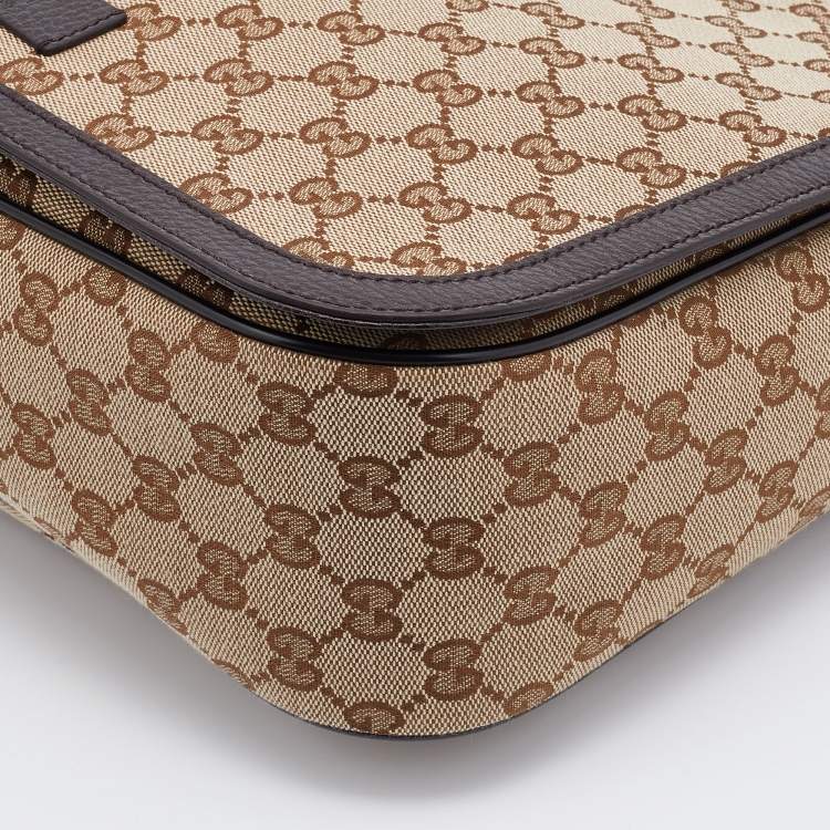 Pre Owned Gucci Beige/Brown GG Canvas and Leather Large Flap Messenger Bag