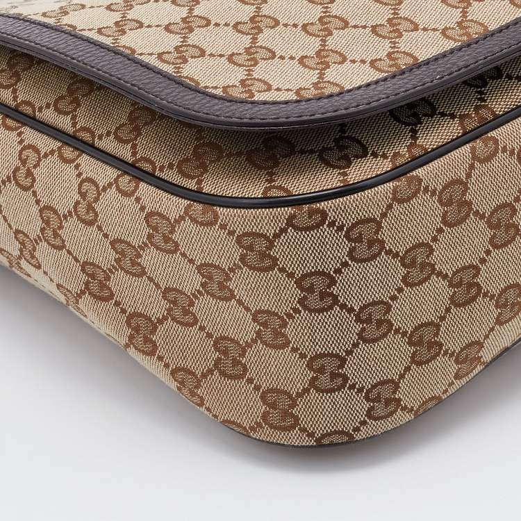 Pre Owned Gucci Beige/Brown GG Canvas and Leather Large Flap Messenger Bag