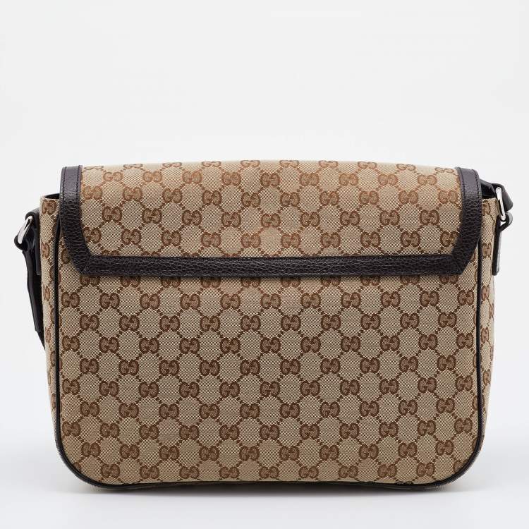 Pre Owned Gucci Beige/Brown GG Canvas and Leather Large Flap Messenger Bag