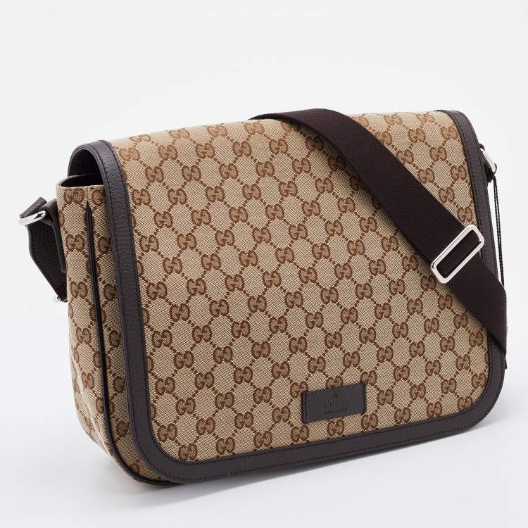 Pre Owned Gucci Beige/Brown GG Canvas and Leather Large Flap Messenger Bag